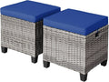 HAPPYGRILL Patio Ottoman Set of 2, Outdoor Rattan Wicker Ottoman Seat with Removable Cushions, Patio Furniture Footstool Footrest Seat (Mix Grey & Navy)