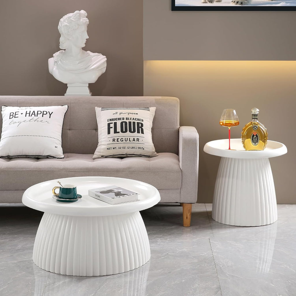 Henf 19.69" Round End Table for Indoor Outdoor, Fluted Pedestal Base, Magnesium Oxide, Waterproof, Unique Design MGO Accent Side Table Night Stand Bedside Table for Living Room Bedroom, White