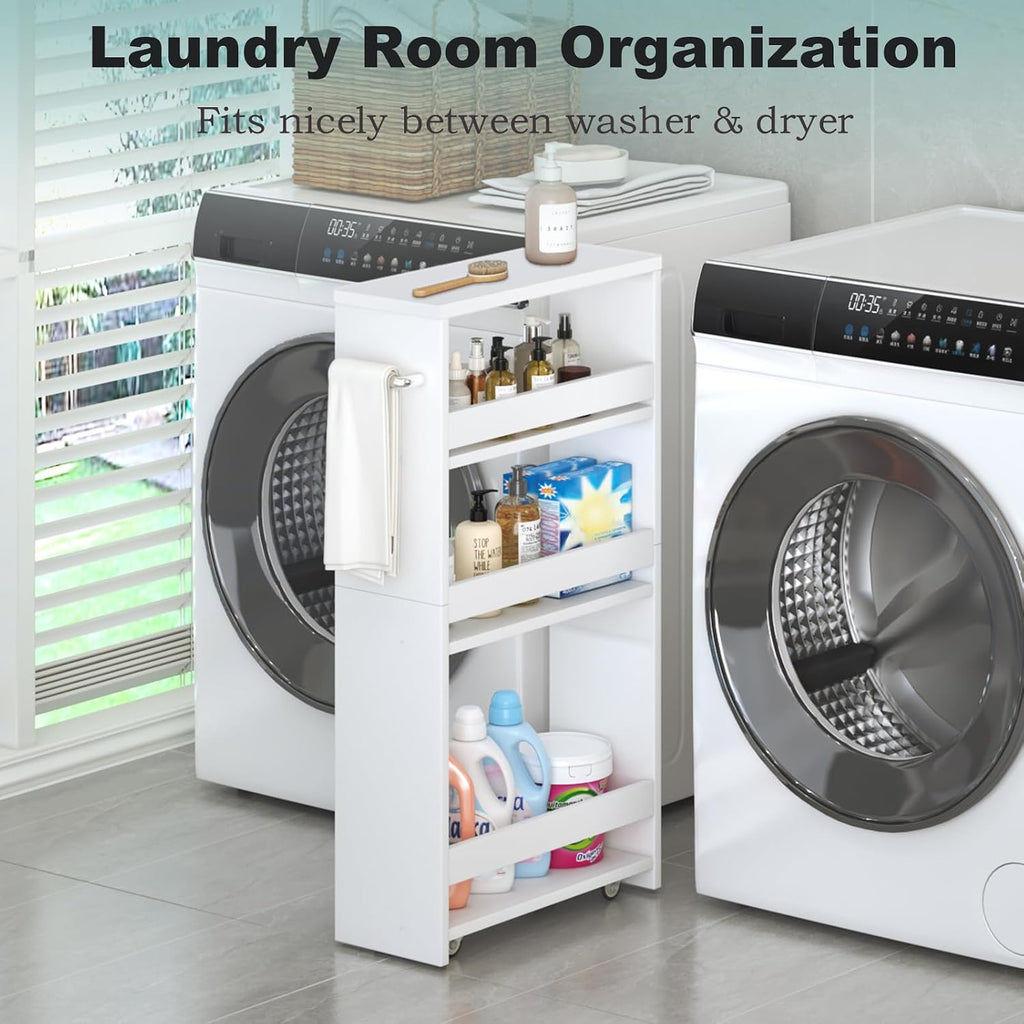 MARTY White Slim Storage Cart with Wheels, 4 Tier Rolling Utility Cart with Handle Slide Out Shelving Unit Organizer Trolley for Laundry Kitchen Bathroom Narrow Places Small Corner