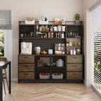 Wood Color 70.9" Kitchen Pantry Cabinet with Microwave Stand Hutch 70.9" w Blue Metal Natural Finish