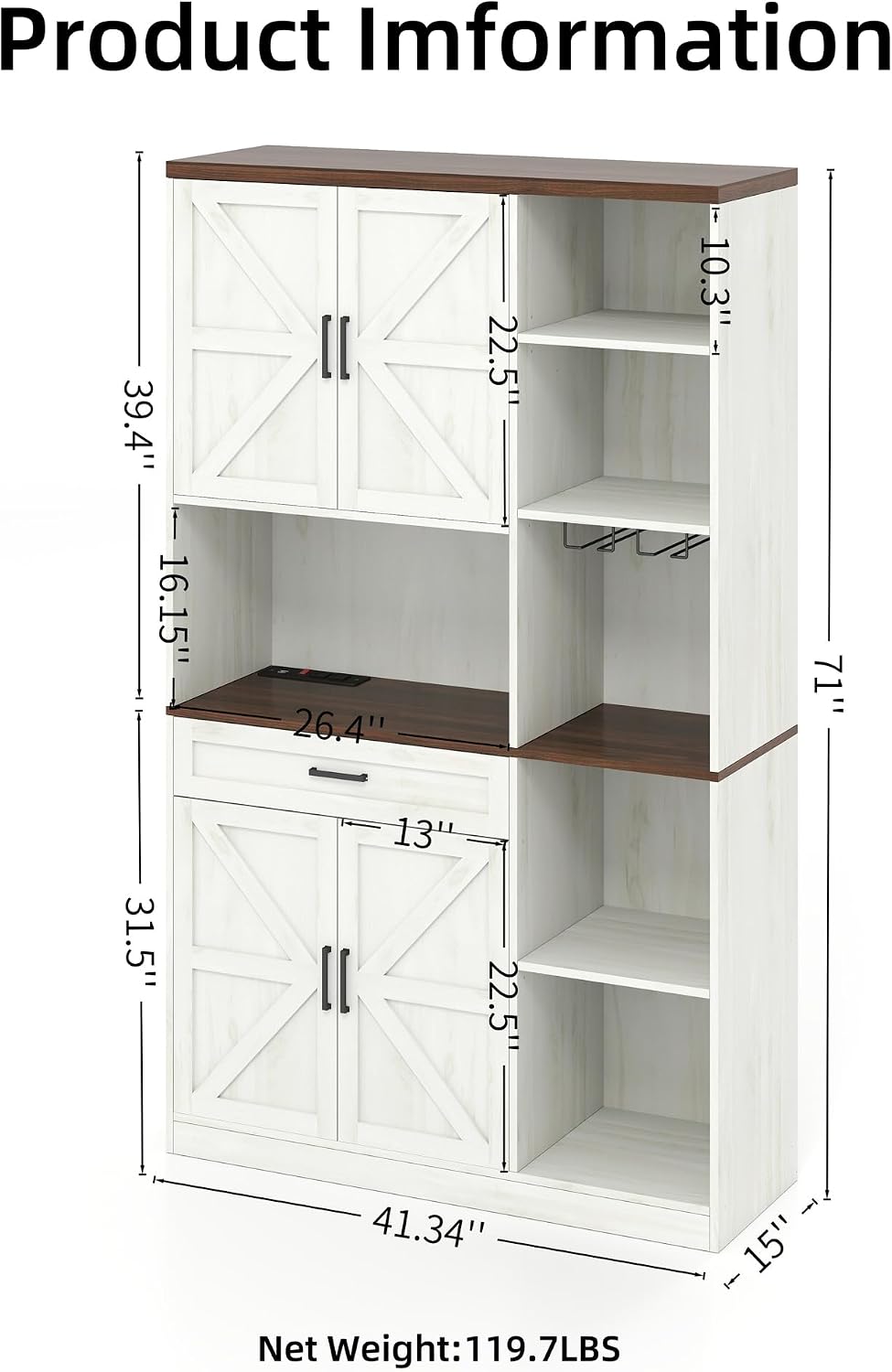 71" Kitchen Pantry Cabinet with Charging Station & LED Light,Freestanding Buffet Storage Cabinets with Adjustable Shelves,Farmhouse Kitchen Hutch with Microwave Stand for Dining Room (White+Brown)