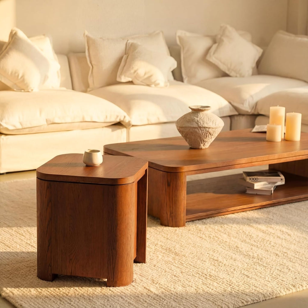 Ovelo End Table Solid Wood Oak Side Table with Storage Shelf, Modern Small Accent Table, White Oak Finish Brown 2 Tier Nightstand for Living Room, Bedroom, Sofa Side Table