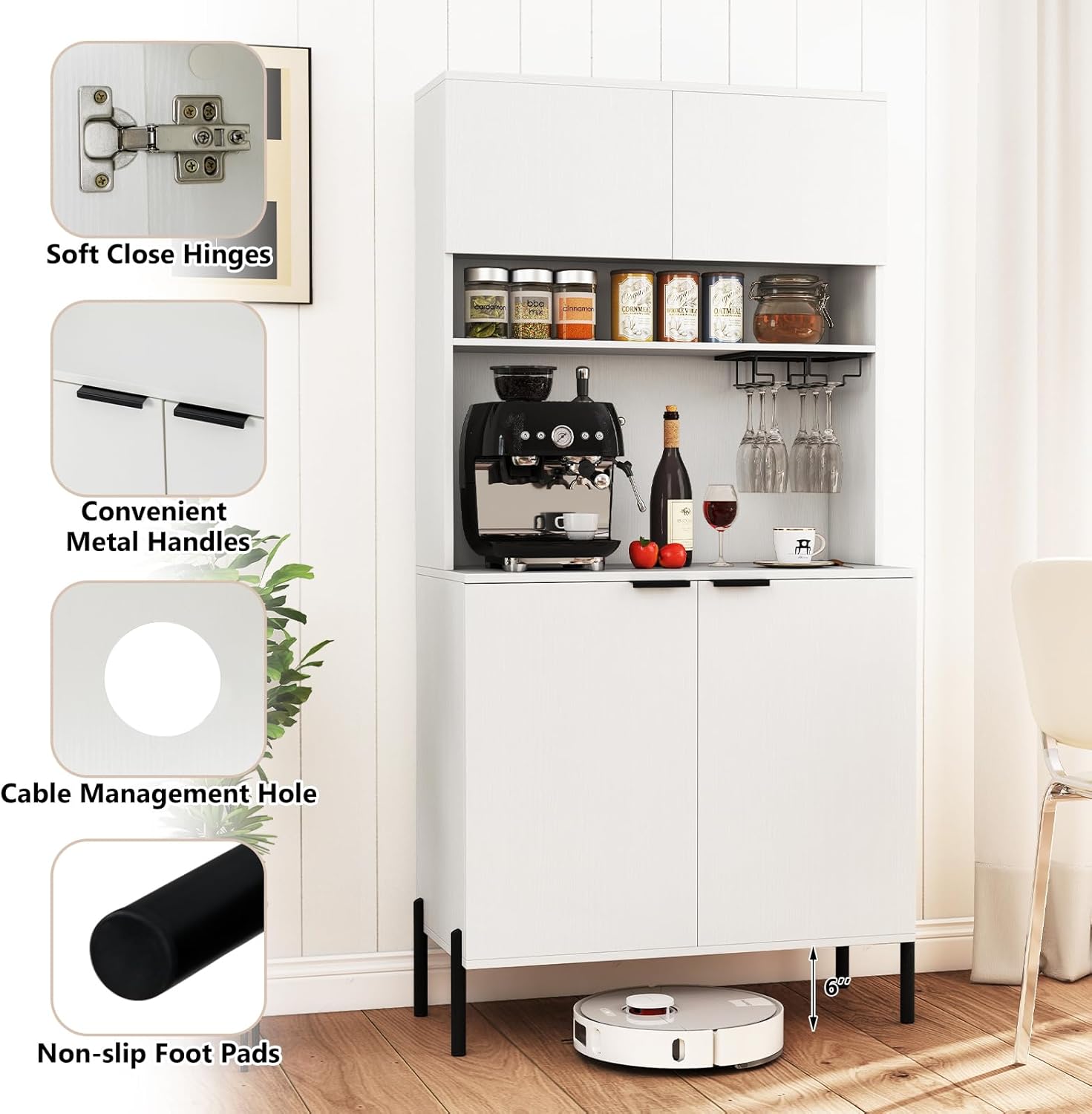 LOKO 64.5” Tall Kitchen Pantry Cabinet, Buffet Sideboard with Charging Station, Modern Wine Bar Cabinet with Wine Glass Rack, Kitchen Hutch Cupboard for Dining Room, Living Room (White)