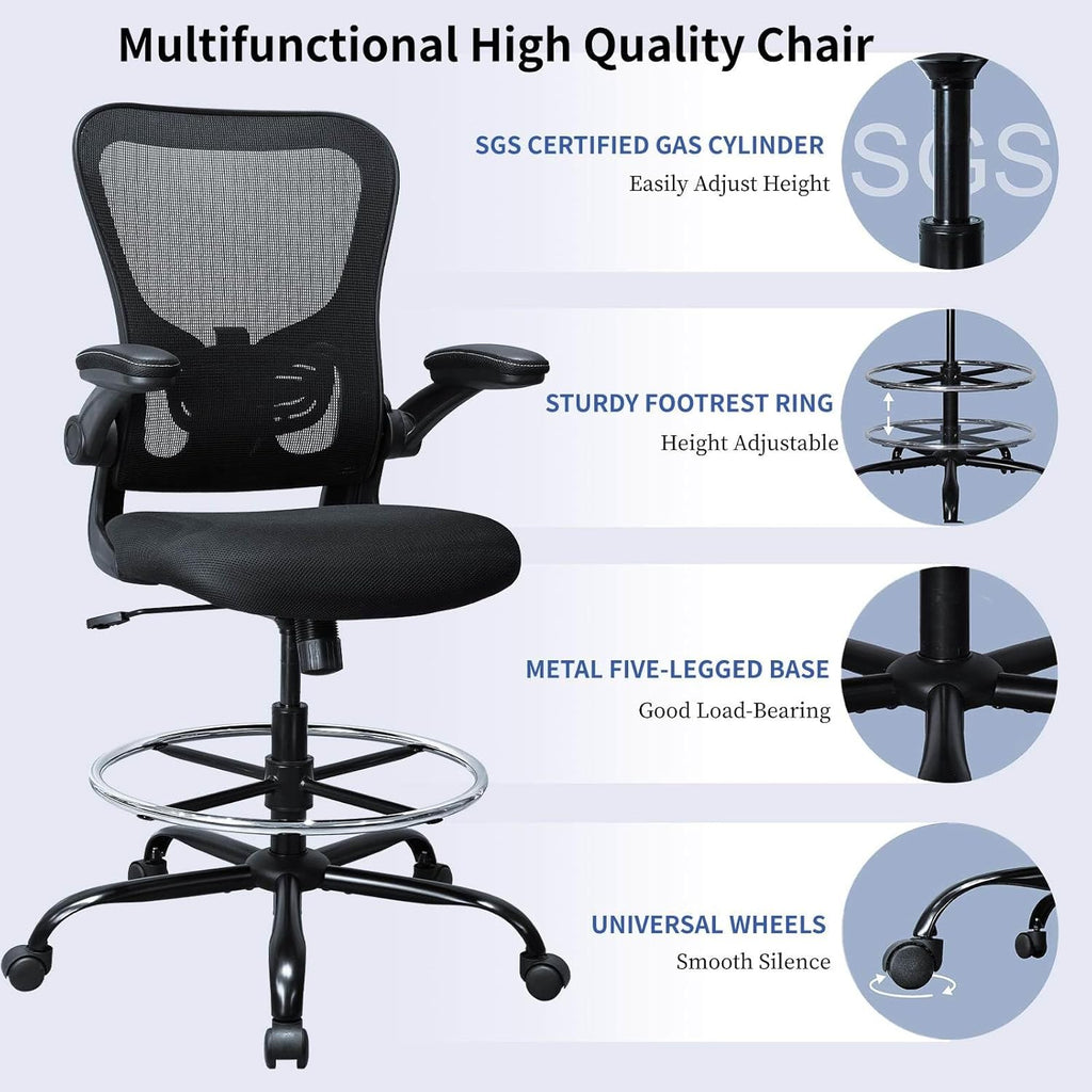 Drafting Chair, Ergonomic Tall Office Chair for Standing Desk, Counter Height Desk Chair with Adjustable Padded Armrests and Footrest Ring Standing Desk Chair Adjustable Height with Lumbar Support