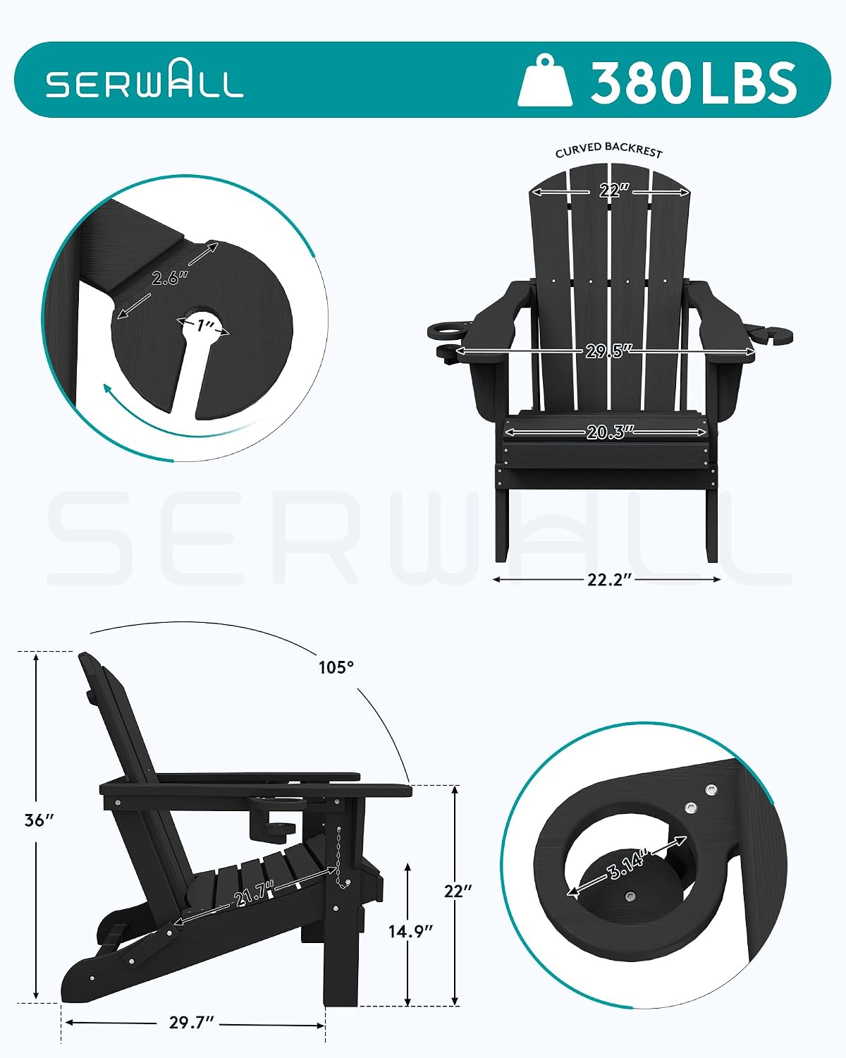 SERWALL Folding Adirondack Chair, Dual Cup Holders, Wood-Like Patio Chair for Backyard, Camping，Pool & Fire Pit- Black
