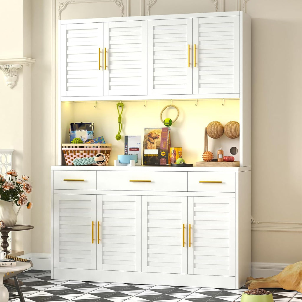 52" Wide Kitchen Pantry Cabinet with 6 Adjustable Shelves, 71" Tall Large Capacity Kitchen Hutch Storage Cabinet with Microwave Stand, 3 Storage Drawers for Dining Room, Kitchen, White