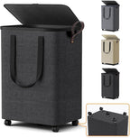 Laundry Basket with 5 Wheels, Tall Dirty Laundry Hamper, Rolling Laundry Basket with Lid, Collapsible Clothes Hamper for Bathroom Bedroom Dorm Laundry Room, Deep Gray, 75L