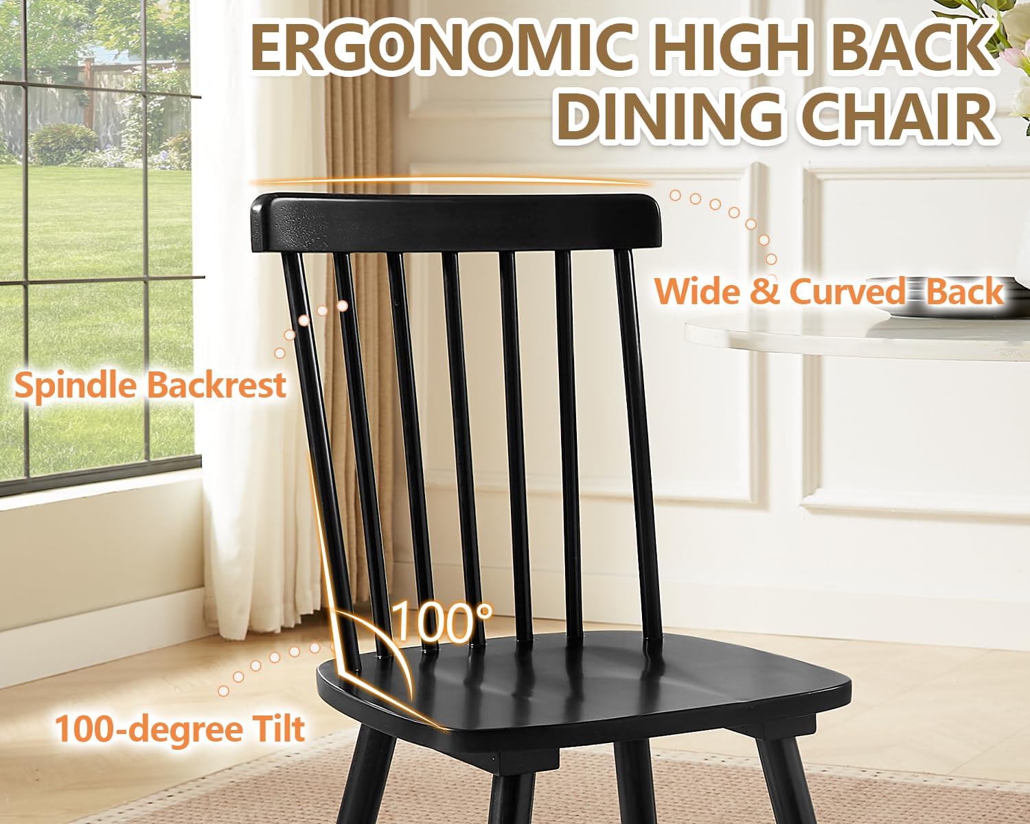 PrimeZone Windsor Dining Chairs Set of 6 - Solid Rubber Wood Farmhouse Kitchen Chair with Spindle Back, Mid-Century Modern Side Dining Chair for Dining Room, Kitchen & Restaurant, Black