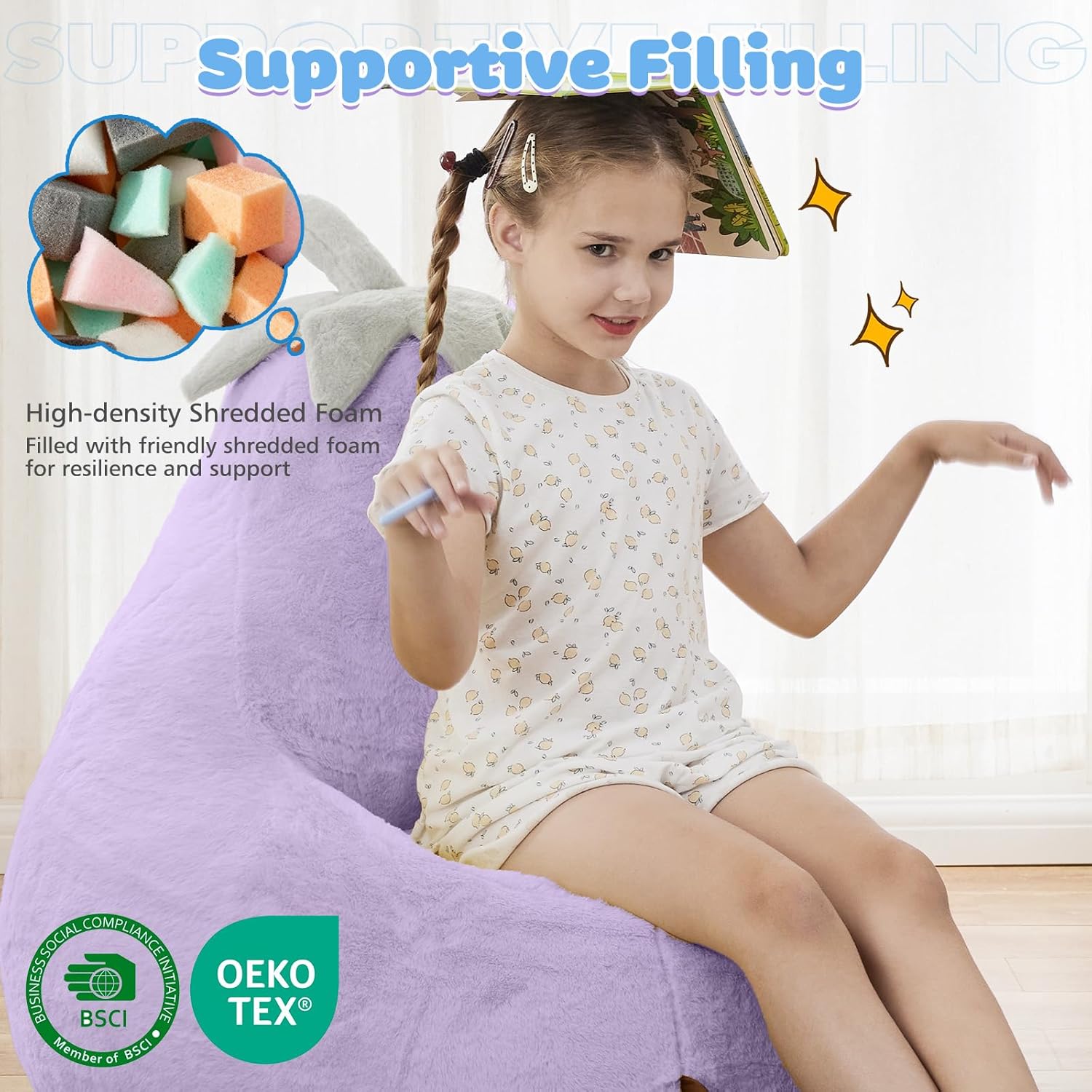 DUMOS Kids Bean Bag Chair, Stuffed Toddler Couch with Faux Rabbit Fur Cover for Teens & Kids, Comfy Lazy Sofa Chair for Reader, Living Room, Bedroom, Aged 4-12 Years, 31 Inch, Purple