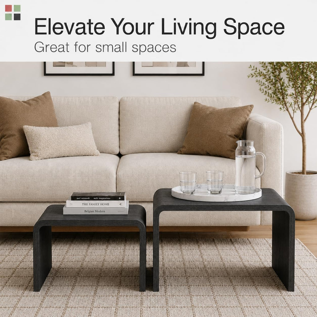 Stead Curved Nesting Coffee Table Set of 2, Modern Wood Nesting Tables for Living Room, Space Saving Stackable Coffee Tables, Fully Assembled
