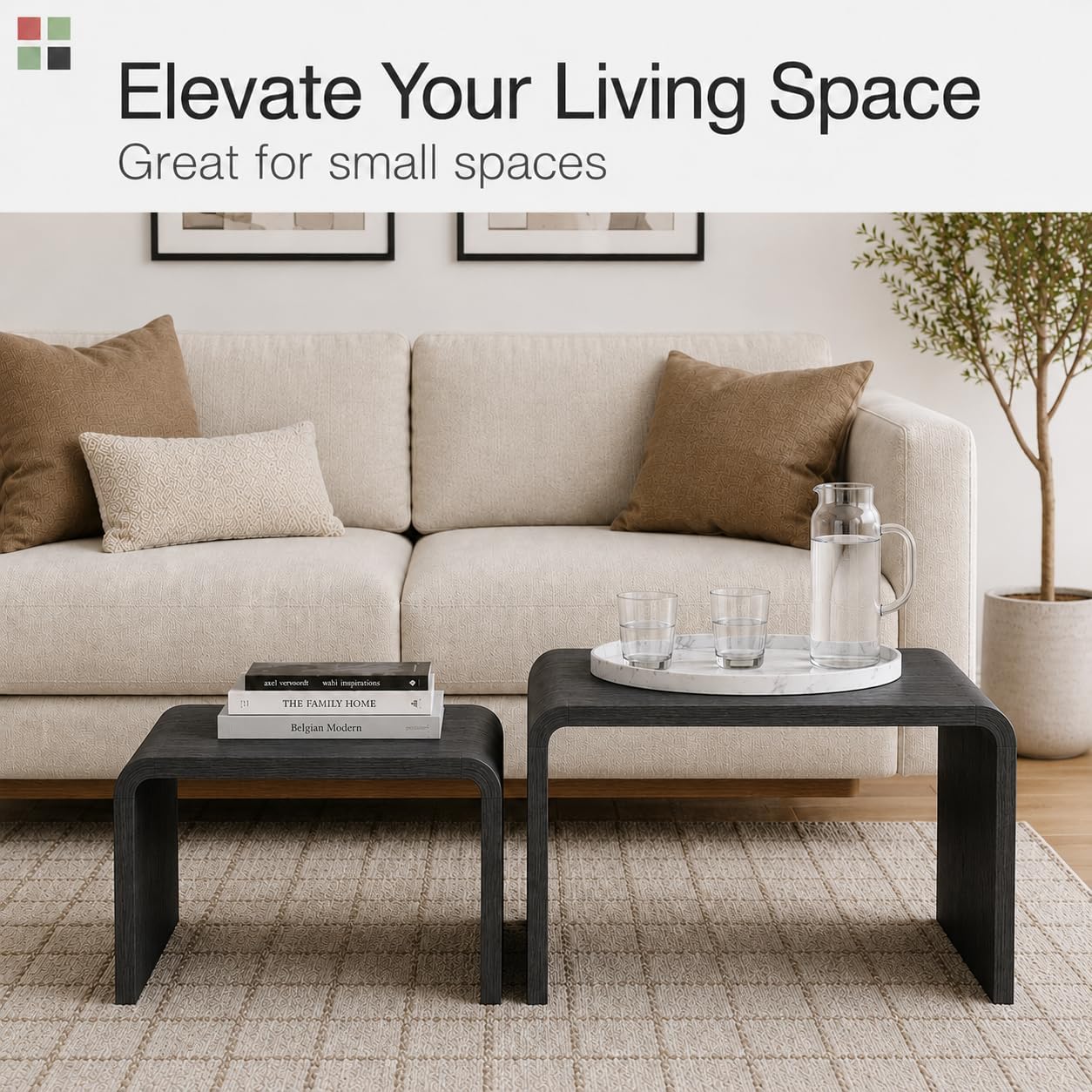 Stead Curved Nesting Coffee Table Set of 2, Modern Wood Nesting Tables for Living Room, Space Saving Stackable Coffee Tables, Fully Assembled