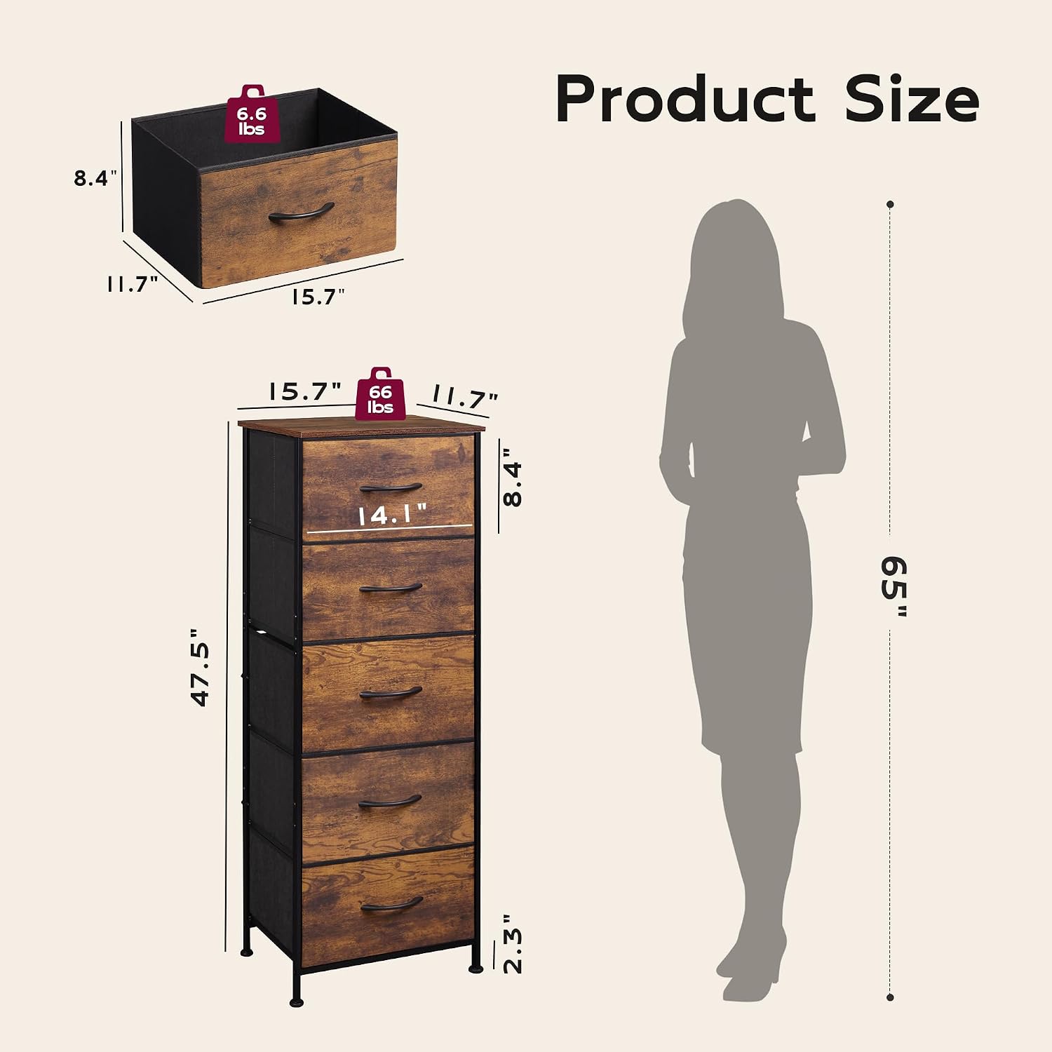 WLIVE Fabric Dresser for Bedroom, 5-Drawer Tall Dressers, Storage Organizer with Fabric Bins, Wood Top, Sturdy Steel Frame, Chest of Drawers for Closet, Hallway, Rustic Brown Wood Grain Print