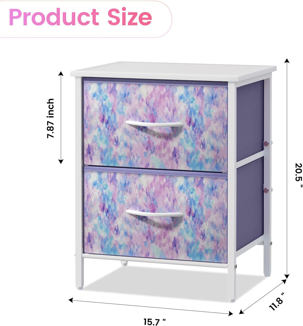 Stero Nightstand, Kids Dresser with 2 Drawers, Steel Frame Bedside Furniture, Wood Top Fabric Night Stand, Colorful End Table for Home, Bedroom, Office Tie-dye Purple