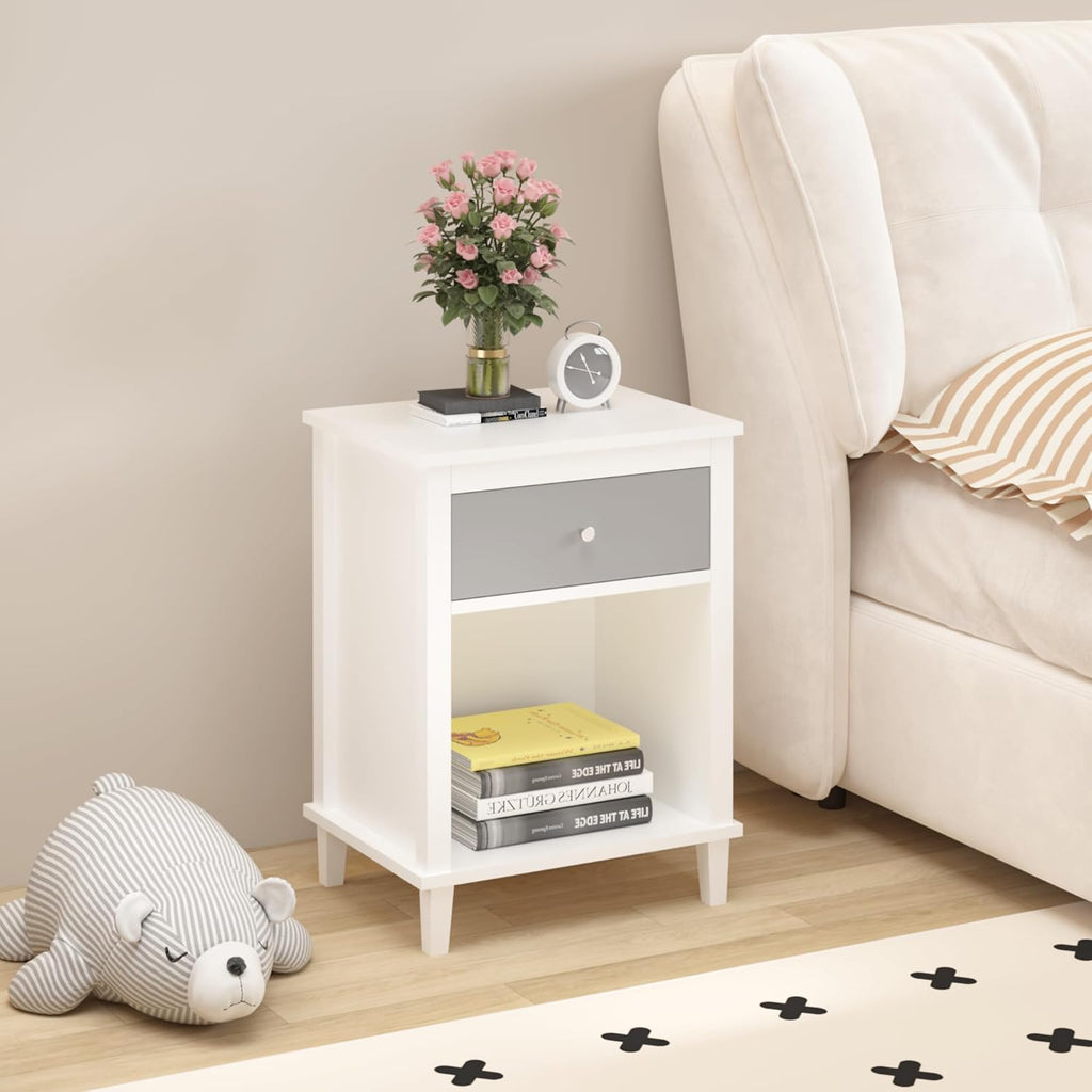 Kids Nightstand with One Drawer Modern Kids Bedside Table with Open Storage Shelf Wood End Side Table Toddler Nightstand for Bedroom Living Room (Grey)