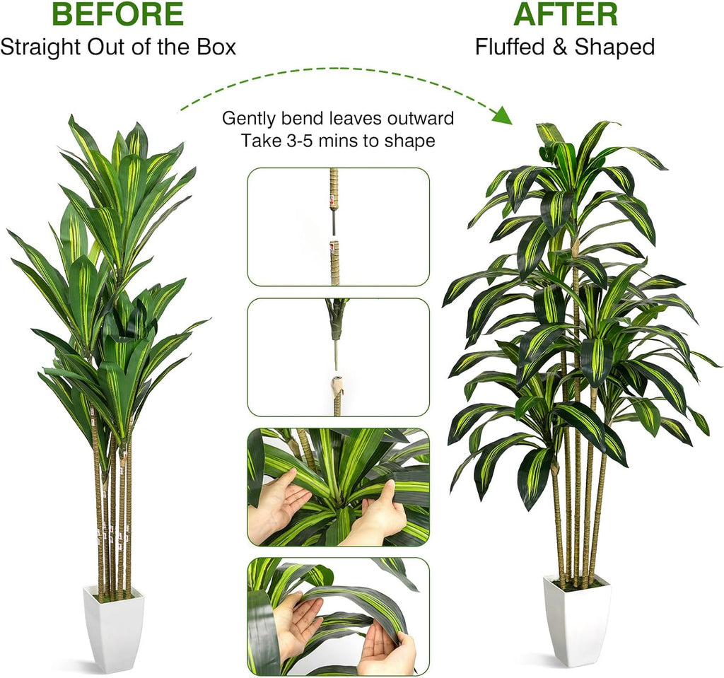 5FT Artificial Dracaena Tree - Tall Faux Dracaena with White Planter, Artificial Plants Indoor, Fake Plant Build Boho-Chic Basket, Fake Tree for Outdoor Home Office Decor