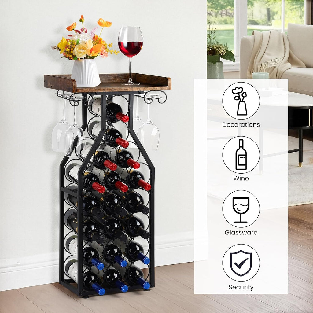 Wine Rack Floating Shelvesr Versatile Liquor Stand for Home Bar Mini Bar Table Wine Holder Stand Liquor Cabinet with Glass Holder Wood Tabletop 19 Bottles Floor Dining Room, Living Room