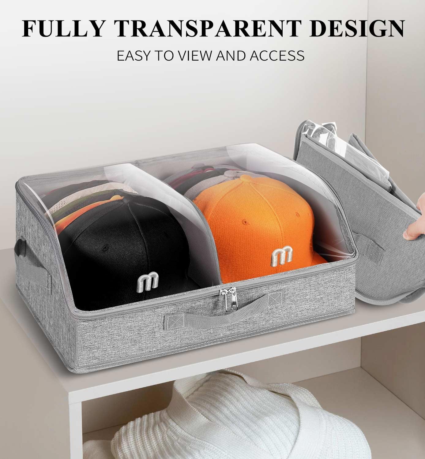 Hat Organizer for Baseball Caps, 2 Compartments Clear Window Hat Storage Box for Closet Hold Up to 24 Caps, Hats Holder Container with Sturdy Cardboard for Home Storage | Gray