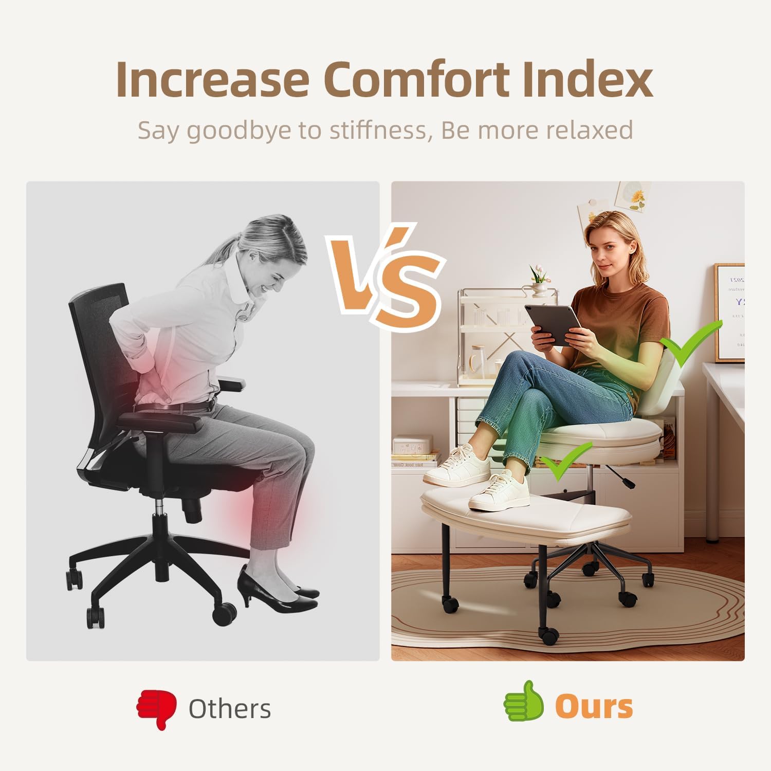 Ergonomic Cross Legged Chair, 360°Swivel Criss Cross Chair with Wheels, Double-Layer Upholstered Desk Chair, 31.3" Large Office Chair for Meditation and ADHD. White