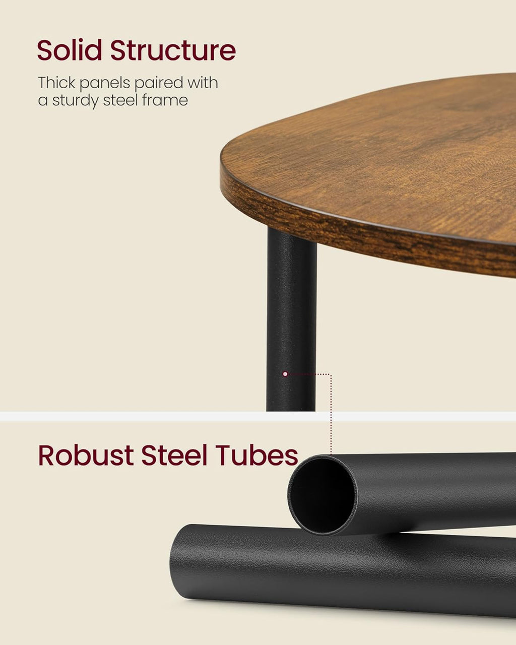 VASAGLE Side Table, Small End Table, Tall Nightstand for Living Room, Bedroom, Office, Bathroom, Steel Frame, Industrial Style, Oval, Rustic Brown and Ink Black ULET288K101