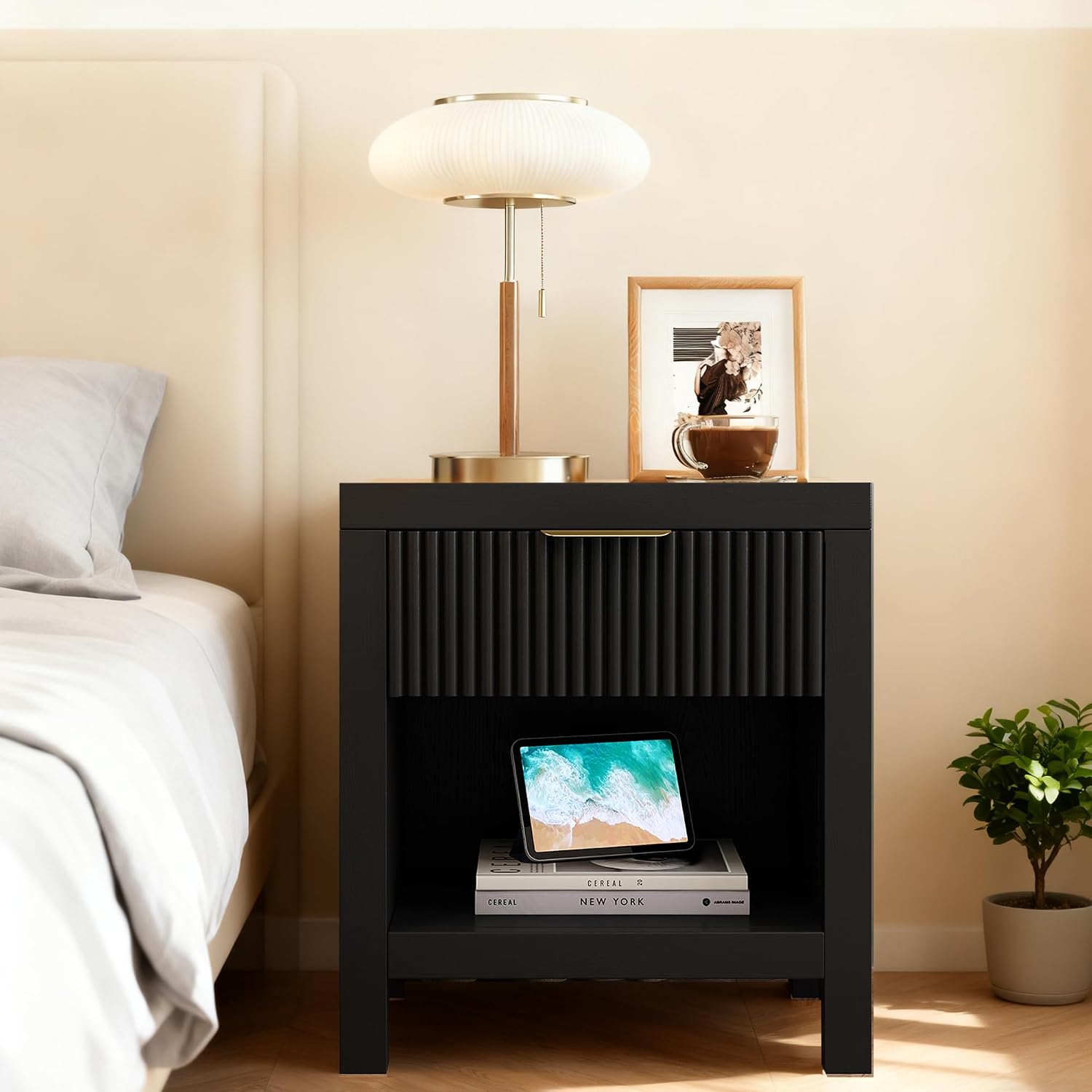 End Table Set of 2 with Storage, Small End Table, Wood Bedside Table with Drawer and Opening Storage, Nightstand Accent Table for Living Room, Bedroom, Black