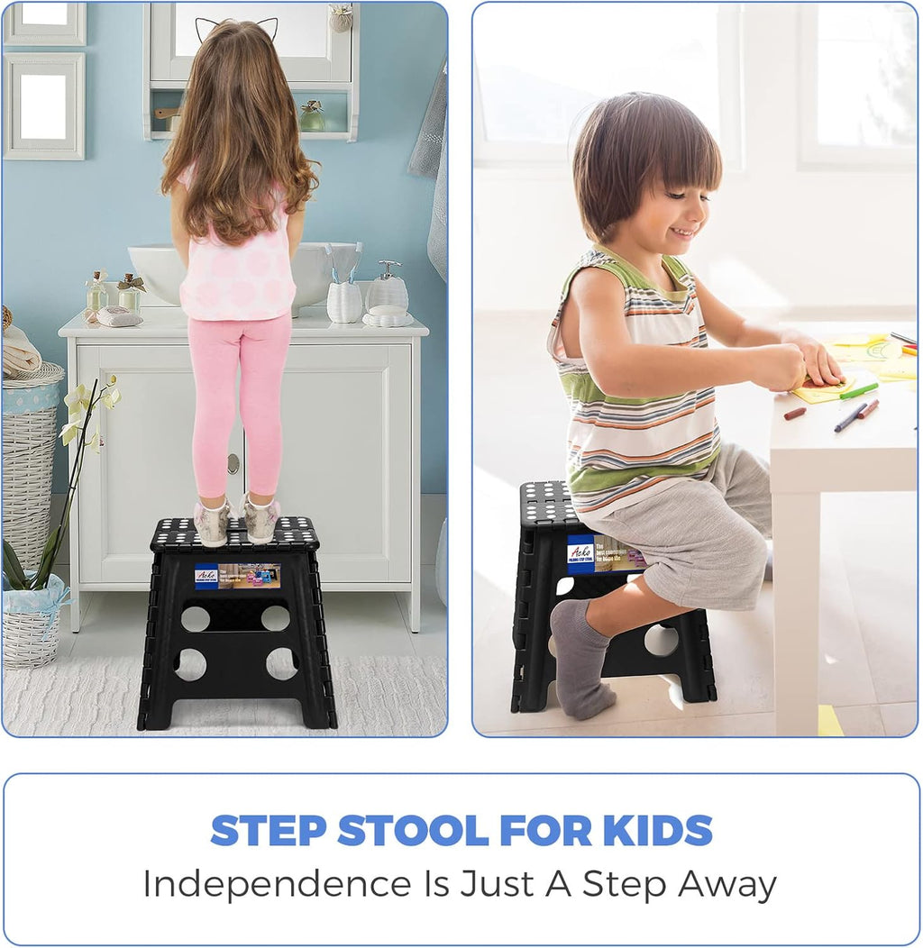 ACKO 2PACK Folding Step Stool - 13" Height Premium Heavy Duty Foldable Stool for Kids and Adults, Kitchen Garden Bathroom Stepping Stool (Black, 2PACK)