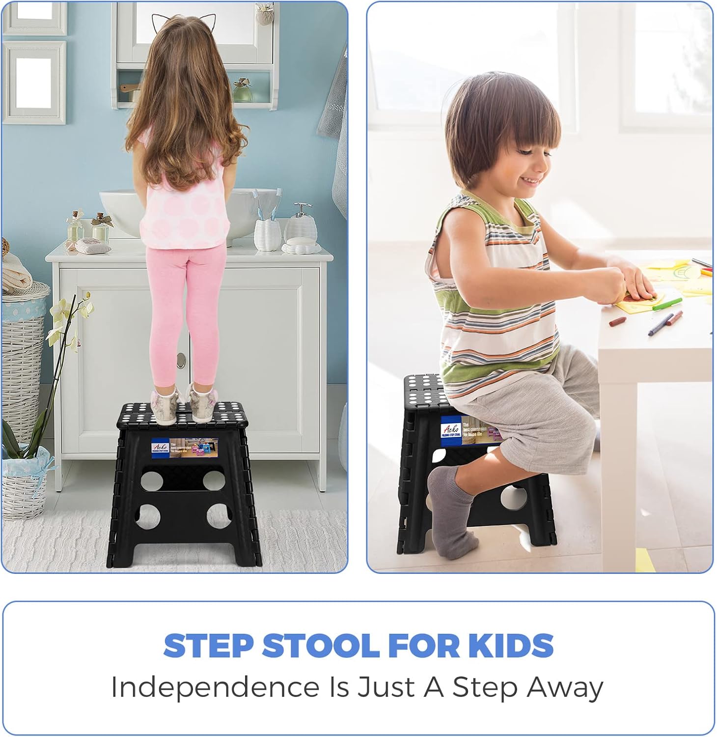 ACKO 13 Inch Folding Step Stool 3-Piece Set, 300 LB Capacity Plastic Foldable Stools with Handle, Non-Slip Bundle (Black & Black & Gray)