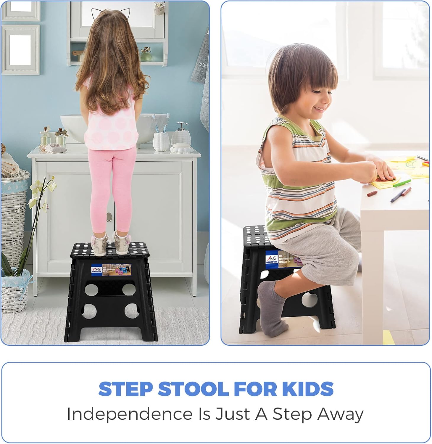 ACKO 13 Inch Folding Step Stool 3-Piece Set, 300 LB Capacity Plastic Foldable Stools with Handle, Non-Slip Bundle (Black & Black & Black)