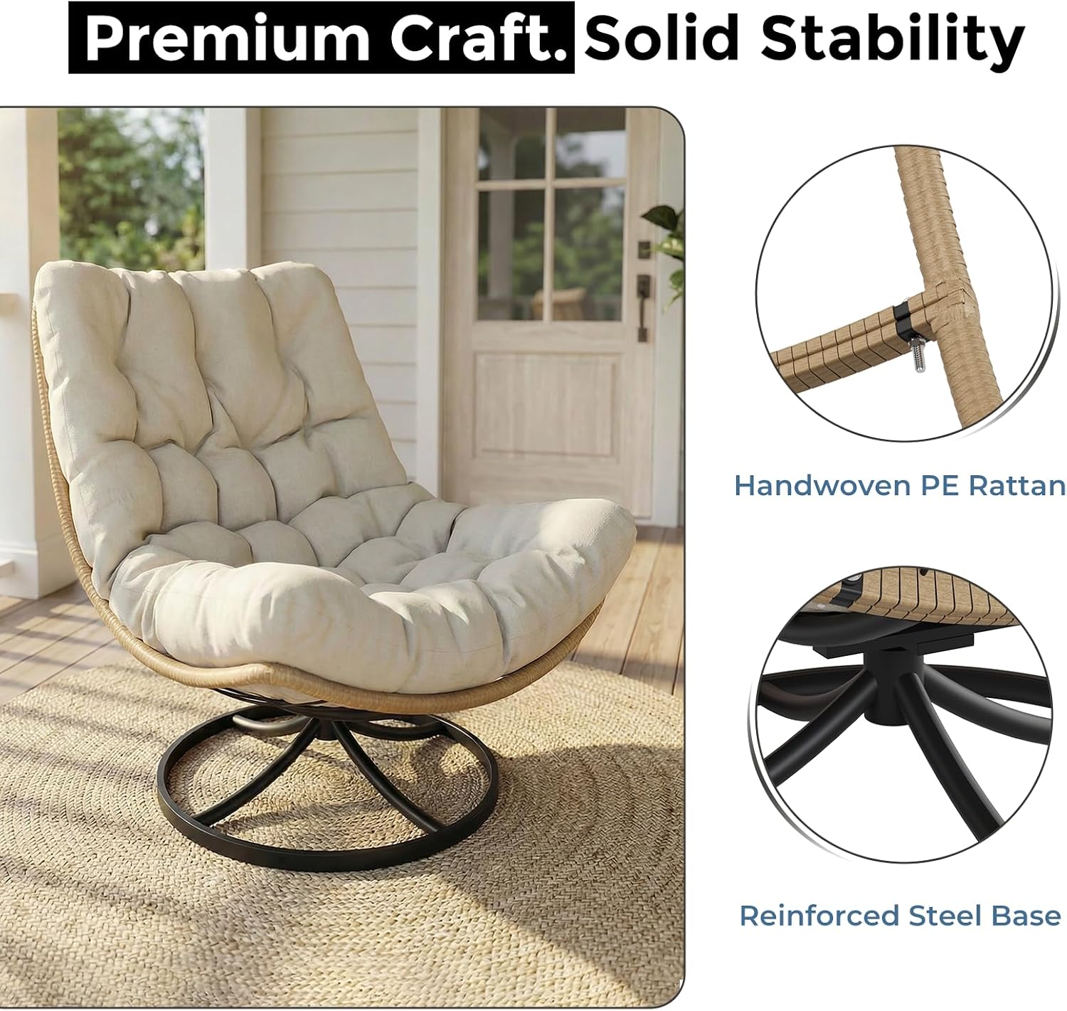 SWITTE Outdoor Rattan Swivel Chair with Thick Cushion, 360°Rotating Wicker Patio Rocking Lounge Chair, Stable Steel Base for Backyard, Balcony, Living Room-Cream