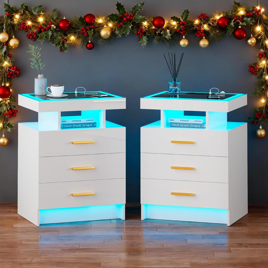 Set of 2 Nightstand with Charging Station and 3 Drawers for Bedroom Black | High Gloss Bedside Table with 3 Color Dimmable Light, LED Night Stand with USB Type-C Port