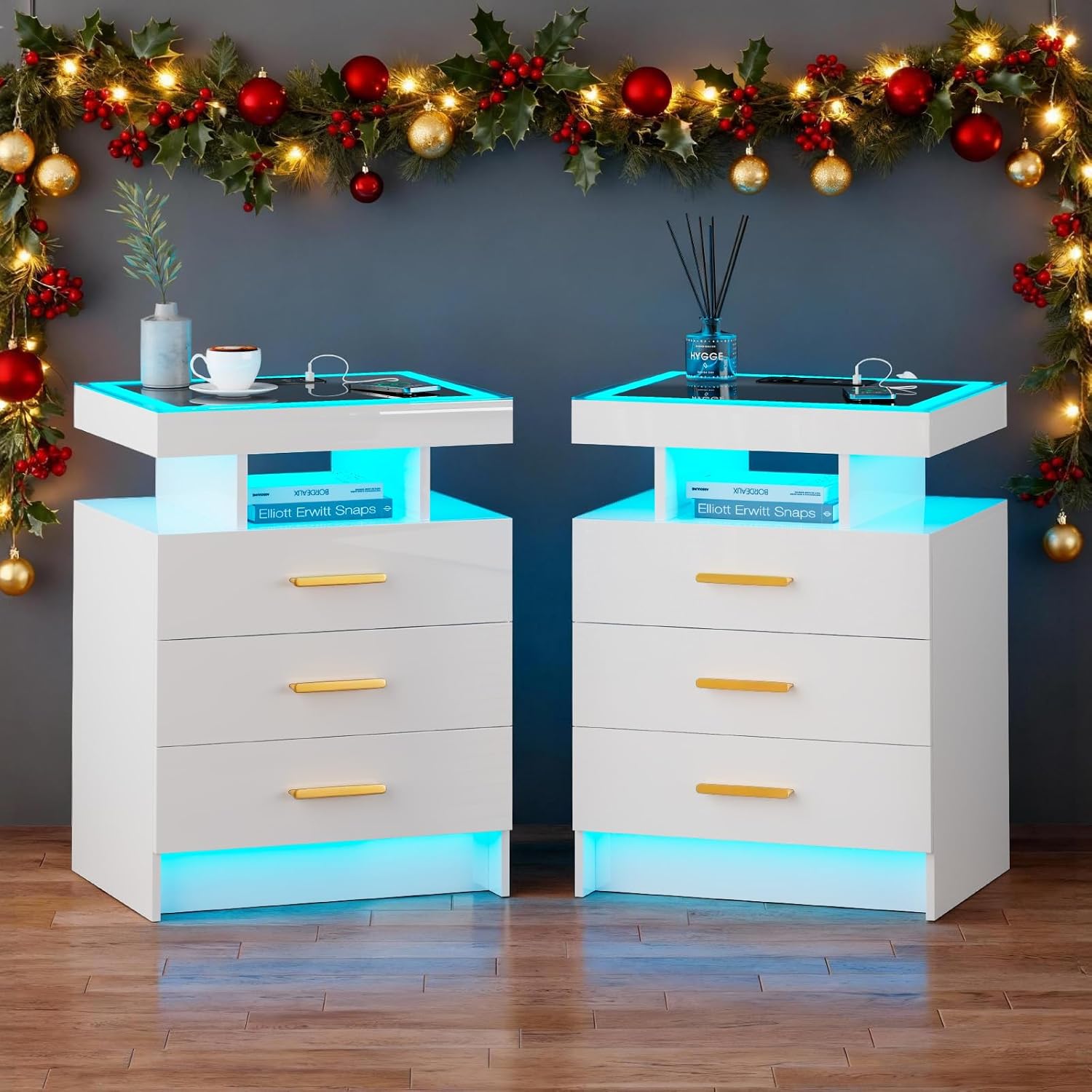 Set of 2 Nightstand with Charging Station and 3 Drawers for Bedroom Black | High Gloss Bedside Table with 3 Color Dimmable Light, LED Night Stand with USB Type-C Port