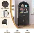 Farmhouse Tall Arched Kitchen Pantry Cabinet with Glass Barn Door – Adjustable Shelves & Built-in Racks for Dining Room & Living Room Storage (Black)
