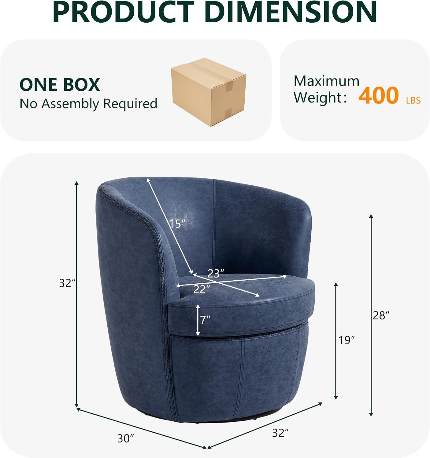 Swivel Accent Chair, Faux Leather Barrel Chair Upholstered Armchair for Living Room, Modern Round Arm Club Chair with Metal Base - Navy Blue, Set of 1