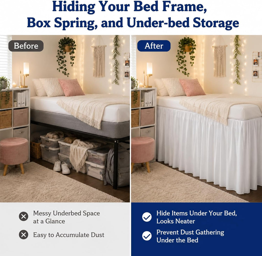 36'' Twin XL Dorm Bed Skirt, 3-Sided | Dust Ruffle With Platform Design, Long Drop, Wrinkle Resistant and Machine Washable, Hides Underbed Storage