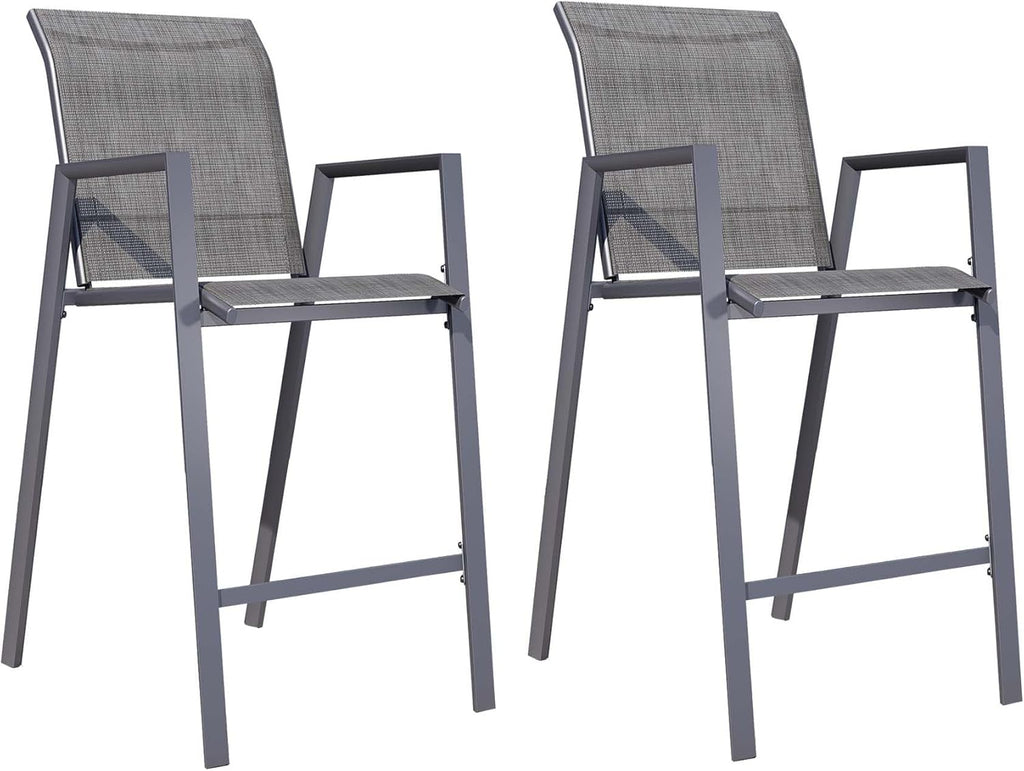 Outdoor Bar Stools Set of 2, 44'' Patio Bar Chairs with Textile High Back, Bar Height Chairs with Straight Armrest and Footrest, Grey