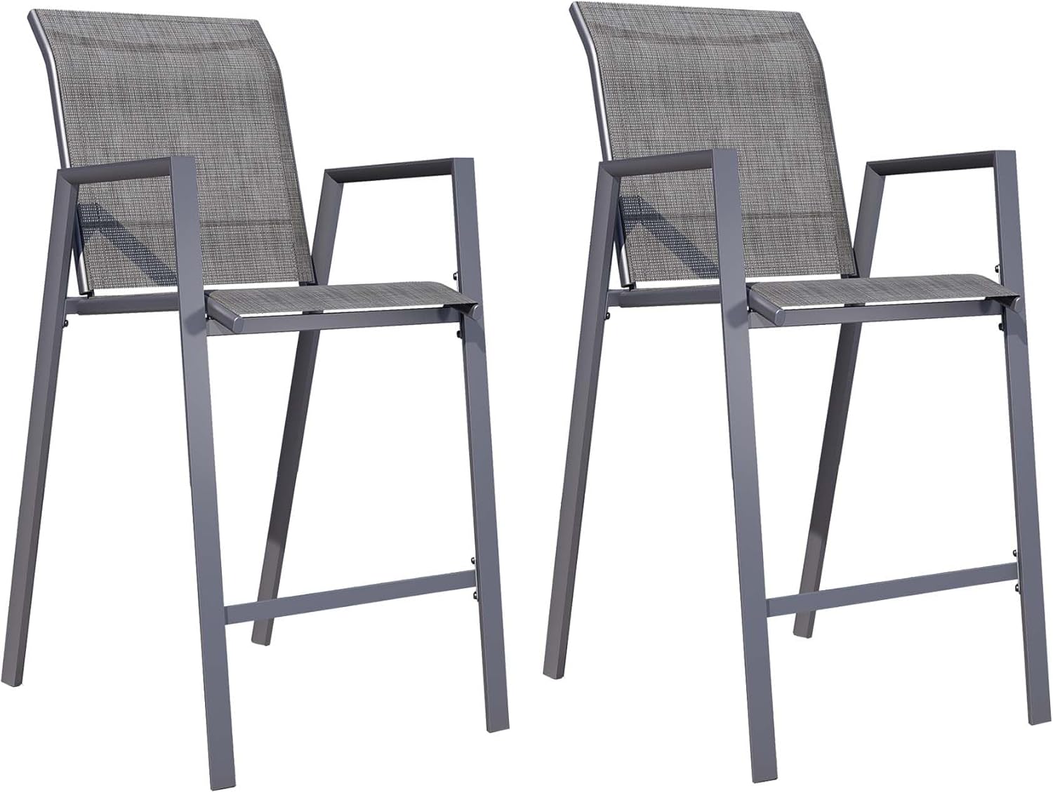 Outdoor Bar Stools Set of 2, 44'' Patio Bar Chairs with Textile High Back, Bar Height Chairs with Straight Armrest and Footrest, Grey