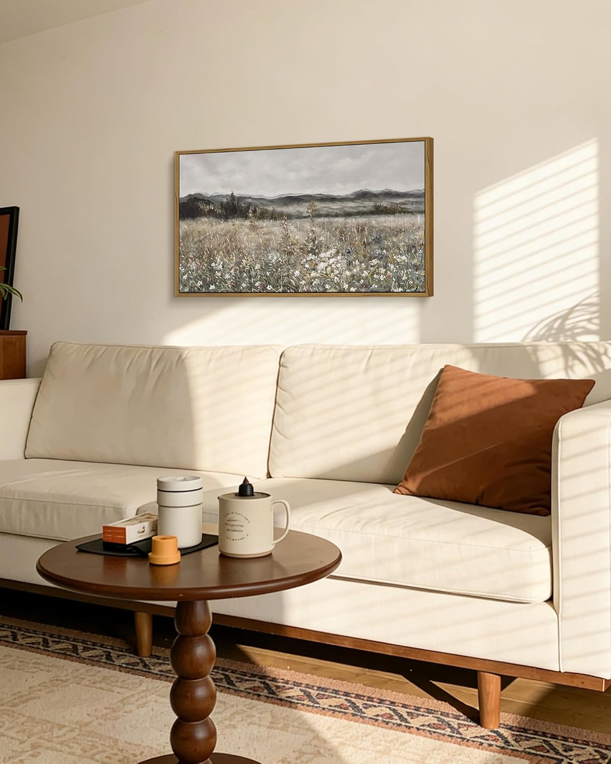 SHENIFY 20x40in Extra Large Vintage Framed Wall Art Meadow with Flowers Landscape Painting Retro Scenery Farmhouse Bedroom Above of Bed Living Room Decor - Natural Framed