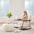 zyz Oversized Nursery Rocking Chair with Pillow, Teddy Upholstered Rocker Chair with Solid Wood & Steel Frame, 25° Gentle Rocking Accent Chair with DIY Ottoman Footrest for Living Room Bedroom, White