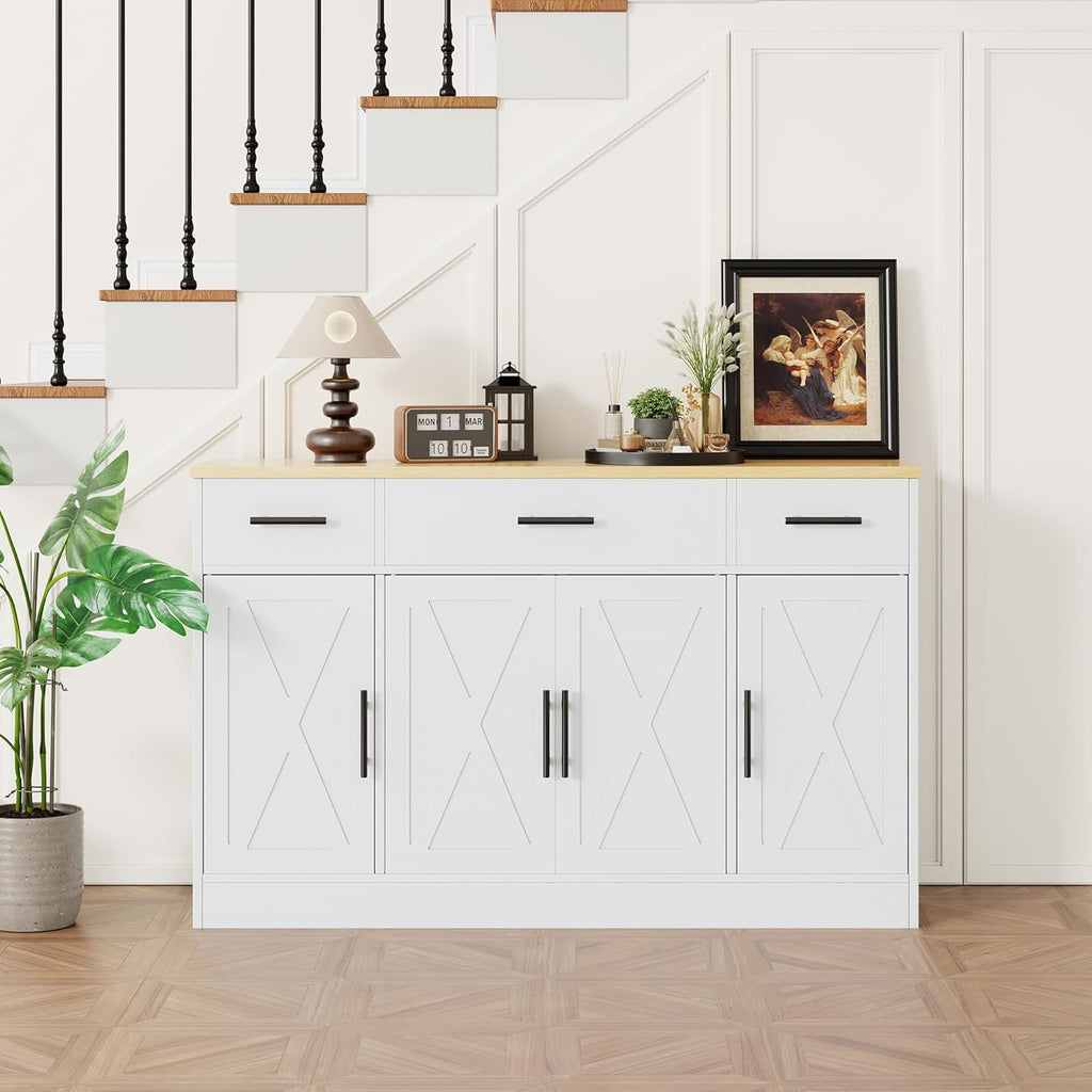 Shintenchi Buffet Cabinet with Storage,53.4" Large Kitchen Storage Cabinet with 3 Drawers and 4 Doors,Wood Farmhouse Buffet Sideboard with Adjustable Shelf for Kitchen Living Room, White