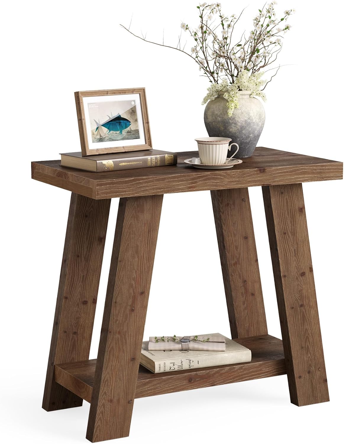 LITTLE TREE Solid Wood End Table, Small Side Table with 2-Tier Storage Shelf for Living Room, Rectangular Side Table for Couch, Bedside Table for Bedroom, Easy Assembly