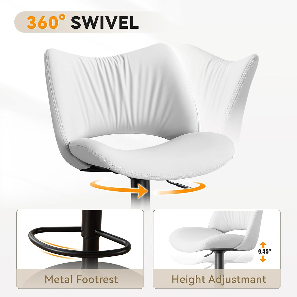 Rowill Bar Stools Set of 2 Modern Counter Height Barstools Swivel Adjustable White Faux Leather Bar Chairs for Kitchen Island with Back and Metal Base