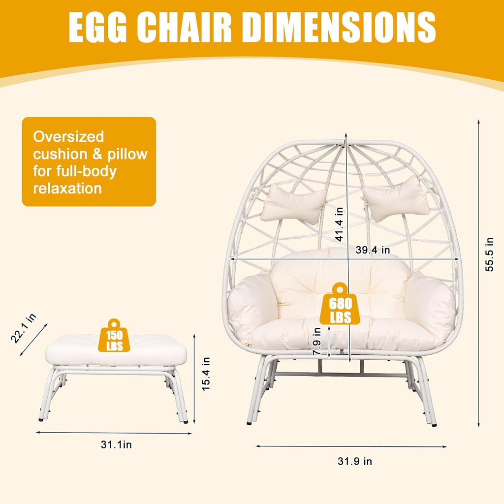 Double Wicker Egg Chair with Ottoman Oversized 2 Person Egg Basket Lounge Chair with Cushion & Footrest, Indoor Outdoor Boho Style Double Egg Chair for Patio Balcony Living Room, White-White