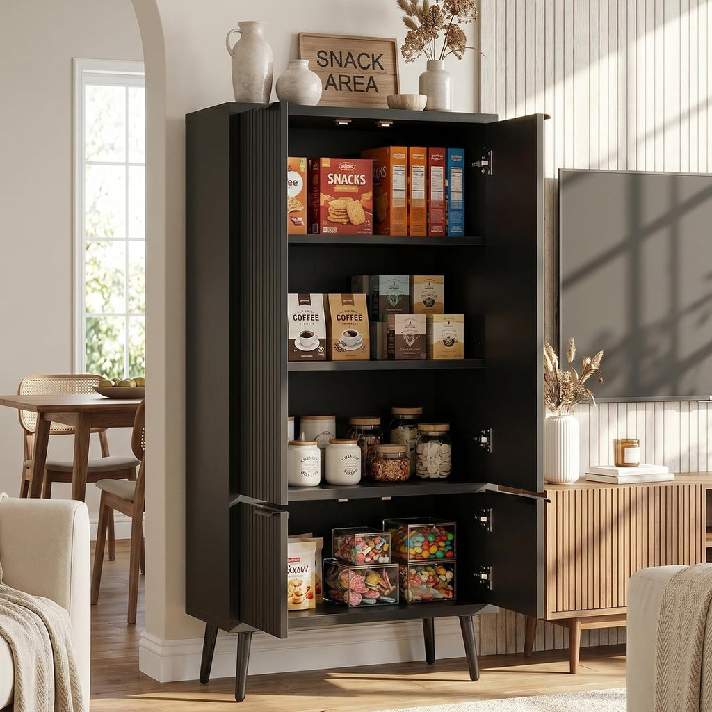 Pantry Cabinet with 4 Doors, 51.2" H Freestanding Bathroom Storage Cabinet, Adjustable Shelf & Raised Legs for Bathroom, Kitchen, Living Room, Black