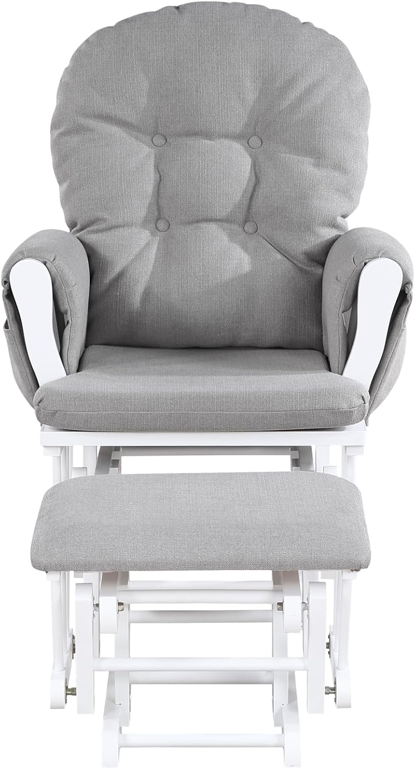 Glider and Ottoman White Wood and Oyster Fabric