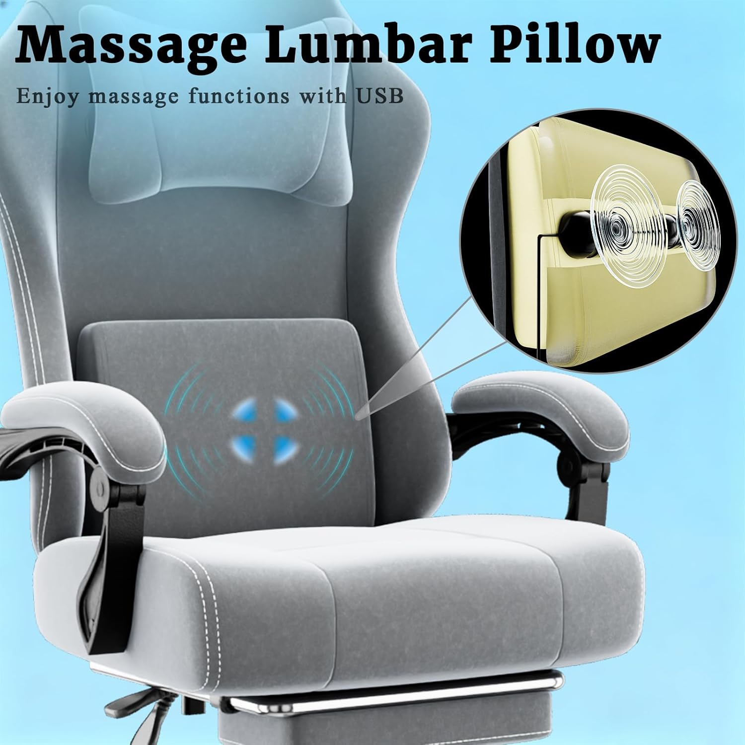 Massage Gaming Chair for Adults, Ergonomic Video Game Chair with Lumbar Support and Footrest, Height Adjustable Fabric Computer Chair with Pocket Spring Cushion (Light Gray)