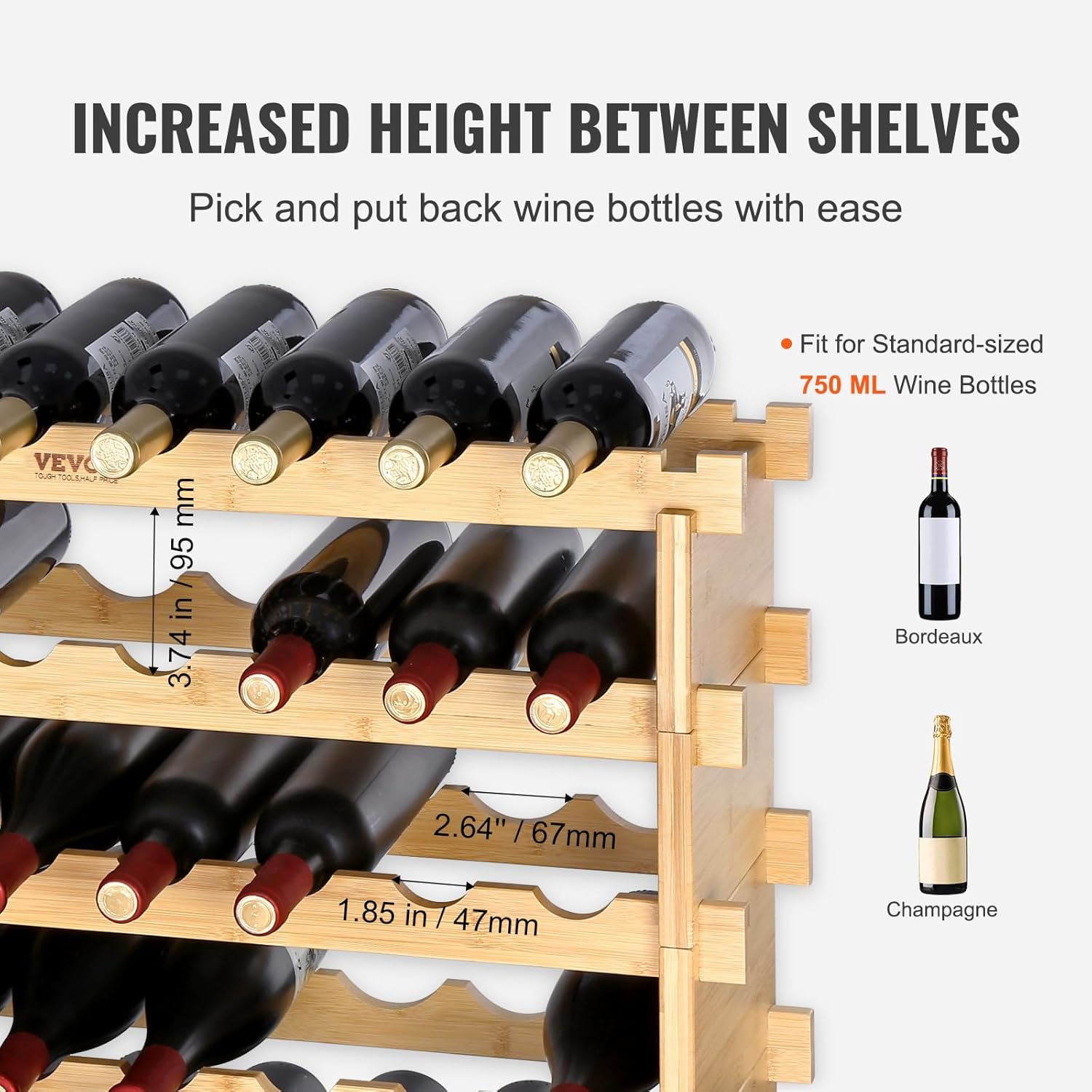 VEVOR 8-Tier 72 Bottles Stackable Modular Wine Rack, Freestanding Wines Holder Display Shelf, Solid Bamboo Wood Storage Racks, Wobble-Free Shelves for Kitchens, Dining Rooms, Cellars, Natural Color