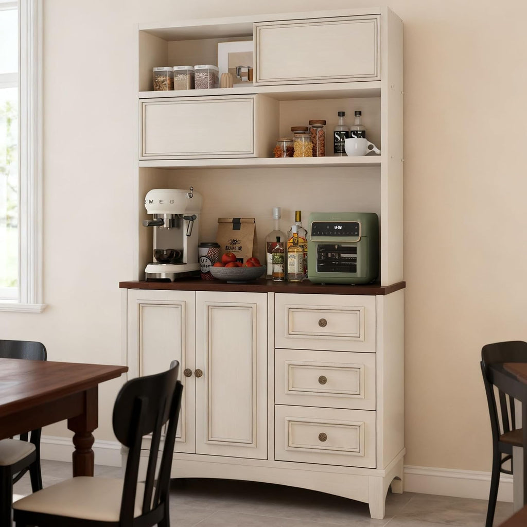 BOSHIRO 71" Antique White Pantry Cabinet with Charging Station, 4-Type Storage & Anti-Tip Design, Farmhouse Kitchen Cabinet with Adjustable Shelves