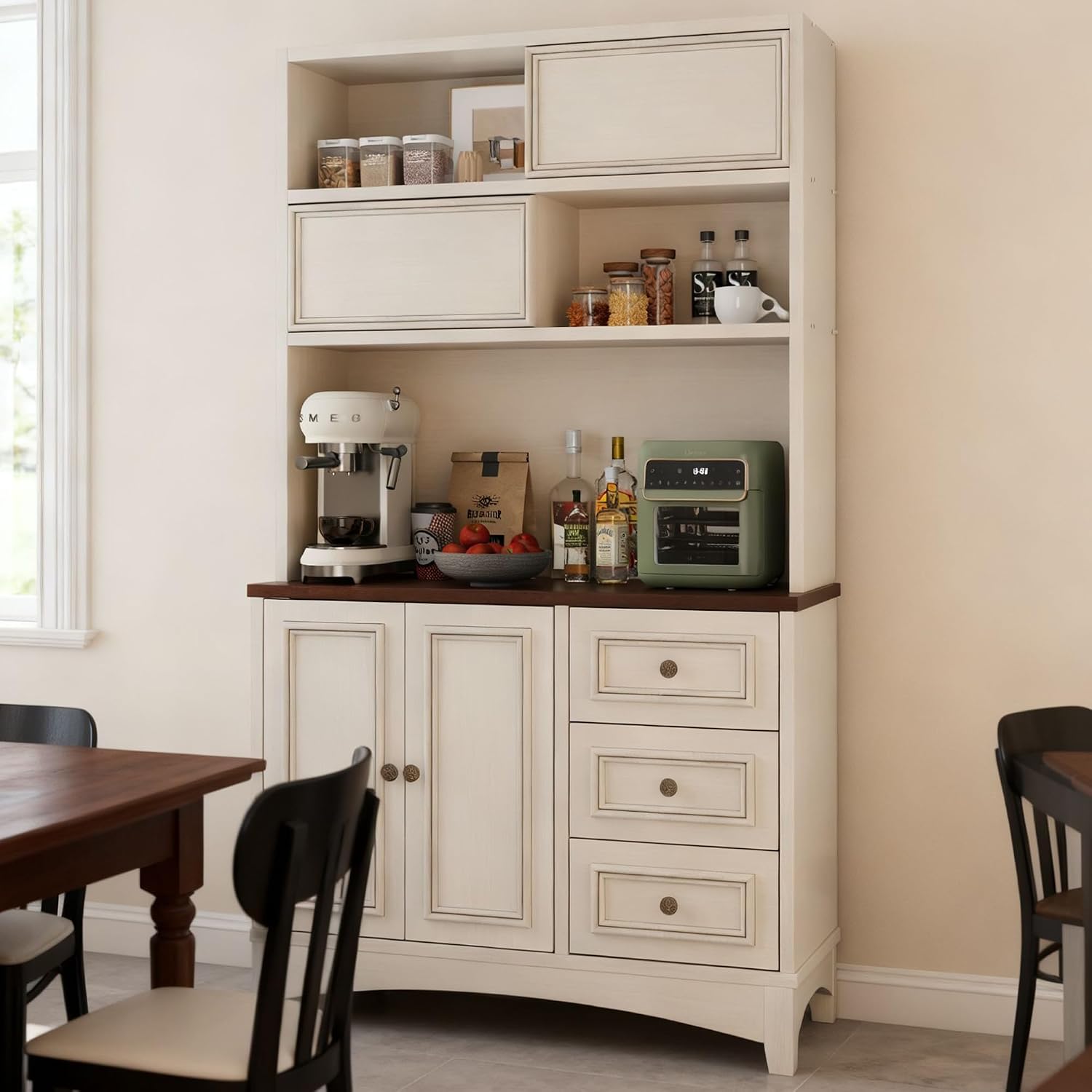 BOSHIRO 71" Antique White Pantry Cabinet with Charging Station, 4-Type Storage & Anti-Tip Design, Farmhouse Kitchen Cabinet with Adjustable Shelves