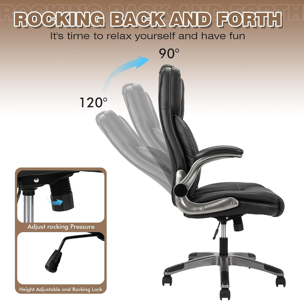 Executive Office Chair with with Flip up Arms, Big and Tall Ergonomic High Back Office Chairs, 90-120° Rocking Lumbar Support Home Computer Desk Chair Wheels(Black)