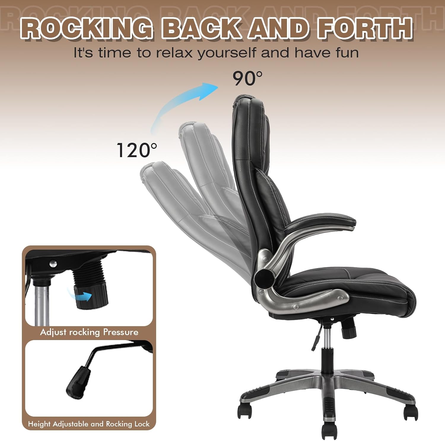 Executive Office Chair with with Flip up Arms, Big and Tall Ergonomic High Back Office Chairs, 90-120° Rocking Lumbar Support Home Computer Desk Chair Wheels(Black)