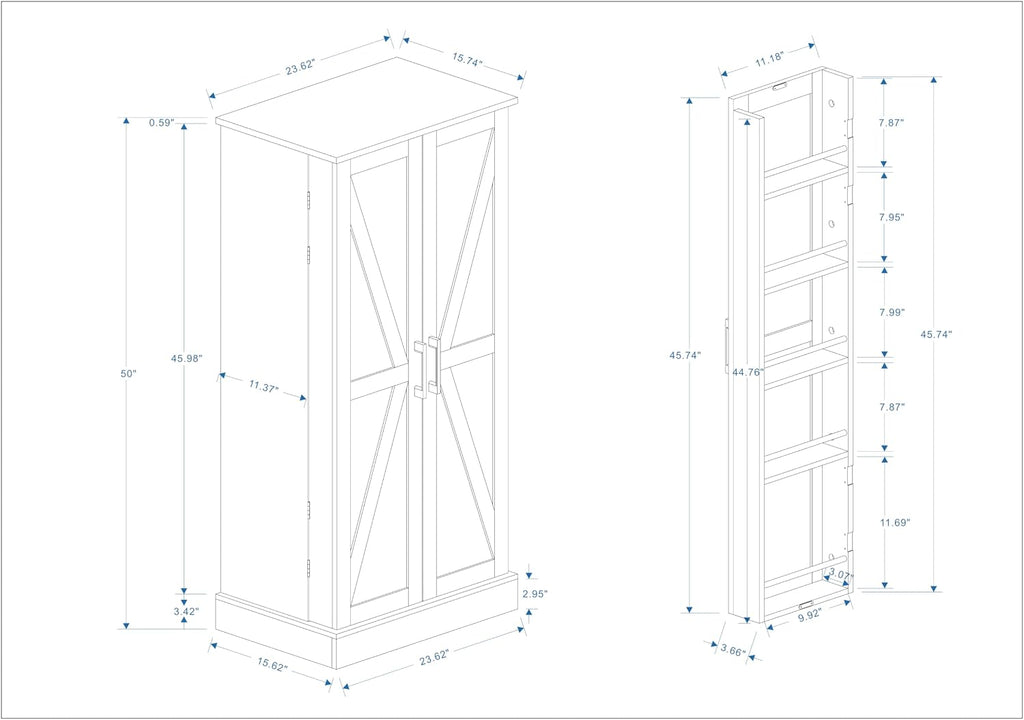 50" LED Kitchen Pantry Storage Cabinet Food Cabinet Freestanding Buffet Cupboards Sideboard with 2 Doors with Racks and Shelves for Small Space in Kitchen, Living Room and Dinning Room